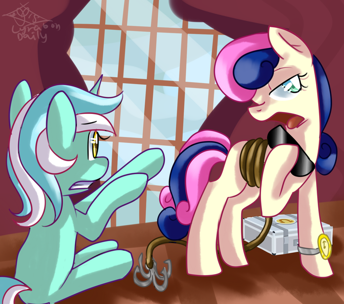 Size: 1024x904 | Tagged: artist:tamoqu, bon bon, bon bond, briefcase, derpibooru import, grappling hook, lyra heartstrings, rope, safe, scene interpretation, secret agent sweetie drops, slice of life (episode), sunglasses, sweetie drops, watch, window