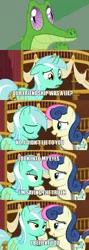 Size: 512x1435 | Tagged: bon bon, caption, comic, derpibooru import, edit, edited screencap, image macro, just friends, lyra heartstrings, meme, philosogummy, safe, screencap, screencap comic, slice of life (episode), sweetie drops, text