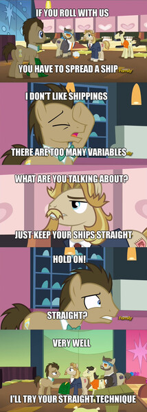 Size: 512x1435 | Tagged: safe, derpibooru import, edit, edited screencap, screencap, colter sobchak, doctor whooves, jeff letrotski, theodore donald "donny" kerabatsos, time turner, pony, slice of life (episode), bronybait, caption, comic, female, image macro, male, meme, screencap comic, shipping, stallion, straight, text