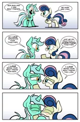 Size: 1318x2000 | Tagged: safe, artist:joeywaggoner, derpibooru import, bon bon, lyra heartstrings, sweetie drops, earth pony, pony, unicorn, slice of life (episode), best friends, blushing, comic, eyes closed, female, friends with benefits, kissing, lesbian, looking at each other, lyrabon, mare, open mouth, shipping