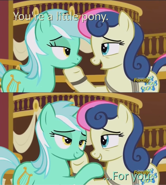 Size: 1280x1428 | Tagged: safe, derpibooru import, edit, screencap, bon bon, lyra heartstrings, sweetie drops, slice of life (episode), baneposting, discovery family logo, female, lesbian, lyrabon, shipping