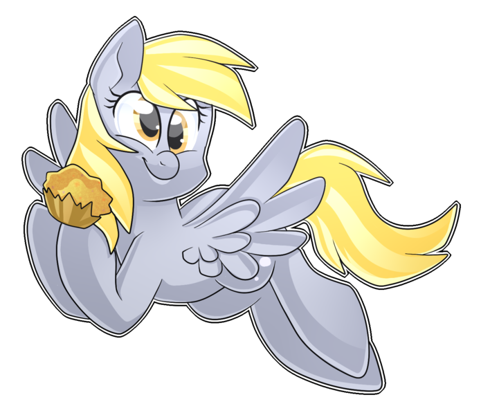 Size: 1409x1217 | Tagged: safe, artist:regkitty, derpibooru import, derpy hooves, pegasus, pony, slice of life (episode), flying, food, muffin, simple background, smiling, solo, transparent background