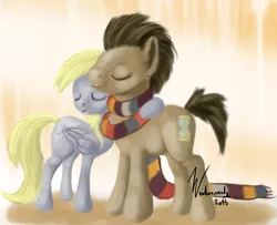 Size: 874x708 | Tagged: safe, artist:winternachts, derpibooru import, derpy hooves, doctor whooves, time turner, pony, slice of life (episode), doctorderpy, female, fourth doctor's scarf, hug, male, shipping, stallion, straight, tom baker's scarf
