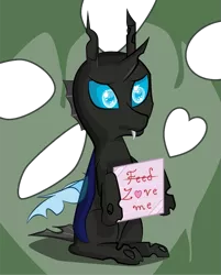 Size: 903x1123 | Tagged: artist:itresad, changeling, derpibooru import, heart, kevin (changeling), sad, safe, sign, slice of life (episode), solo