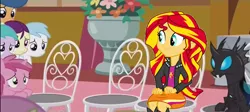Size: 1278x572 | Tagged: safe, derpibooru import, edit, edited screencap, screencap, aura (character), boysenberry, cotton cloudy, first base, kevin (changeling), ruby pinch, sunset shimmer, changeling, equestria girls, slice of life (episode), chair, sitting