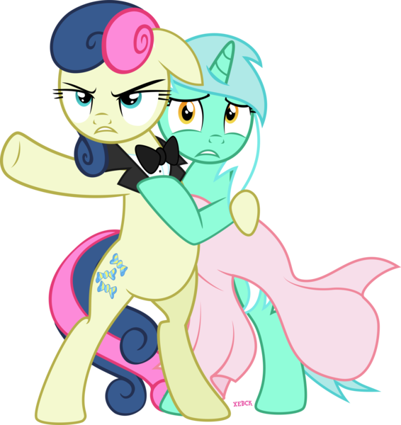 Size: 4000x4241 | Tagged: safe, artist:xebck, derpibooru import, bon bon, lyra heartstrings, sweetie drops, pony, slice of life (episode), a view to a kill, bipedal, bon bond, clothes, dress, female, floppy ears, frown, glare, gritted teeth, hug, lesbian, looking at you, lyrabon, pointing, scared, secret agent sweetie drops, shipping, simple background, transparent background, vector, wide eyes