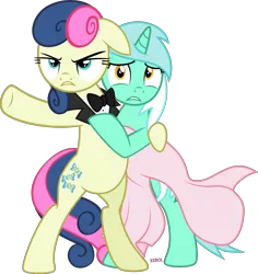 Size: 4000x4241 | Tagged: safe, artist:xebck, derpibooru import, bon bon, lyra heartstrings, sweetie drops, pony, slice of life (episode), a view to a kill, bipedal, bon bond, clothes, dress, female, floppy ears, frown, glare, gritted teeth, hug, lesbian, looking at you, lyrabon, pointing, scared, secret agent sweetie drops, shipping, simple background, transparent background, vector, wide eyes