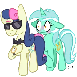 Size: 1000x1000 | Tagged: safe, artist:rivalcat, derpibooru import, bon bon, lyra heartstrings, sweetie drops, slice of life (episode), blushing, bon bond, female, lesbian, lyrabon, secret agent sweetie drops, shipping, simple background, sunglasses, transparent background, watch