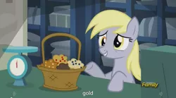 Size: 1279x712 | Tagged: safe, derpibooru import, edit, edited screencap, screencap, derpy hooves, pegasus, pony, slice of life (episode), caption, female, food, mare, meme, muffin, youtube caption