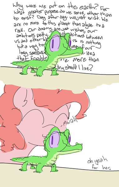 Size: 1224x1920 | Tagged: dead source, safe, artist:nobody, derpibooru import, gummy, pinkie pie, alligator, earth pony, pony, slice of life (episode), comic, cute, diapinkes, existential crisis, eyes closed, gummy the deep thinker, kissing, smiling