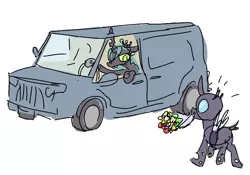 Size: 967x678 | Tagged: annoyed, artist:nobody, bouquet, car, changeling, changeling queen, cute, cutealis, cuteling, derpibooru import, duo, female, flower, flower in mouth, frown, kevin (changeling), male, mouth hold, nymph, queen chrysalis, queen chrysalis is not amused, safe, simple background, smiling, unamused, van, white background