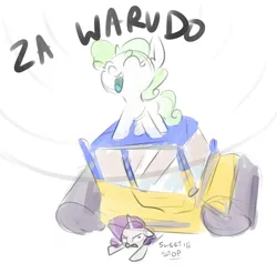 Size: 1280x1257 | Tagged: safe, artist:nobody, derpibooru import, rarity, sweetie belle, annoyed, eyes closed, floppy ears, frown, glare, jojo's bizarre adventure, open mouth, prone, road roller, road roller da, smiling, steam roller, tongue out, za warudo