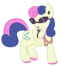 Size: 500x531 | Tagged: artist:lulubell, blushing, bon bon, bon bond, derpibooru import, rope, safe, secret agent sweetie drops, simple background, slice of life (episode), solo, sunglasses, sweetie drops, transparent background, unshorn fetlocks, watch