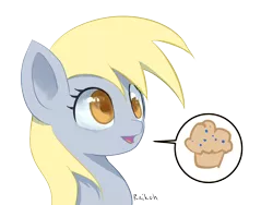 Size: 1600x1200 | Tagged: safe, artist:raikoh, derpibooru import, derpy hooves, pegasus, pony, slice of life (episode), female, food, mare, muffin, open mouth, solo, speech bubble, that pony sure does love muffins