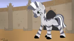 Size: 1366x768 | Tagged: artist:bis'9, derpibooru import, fallout equestria, fanfic, fanfic art, female, mare, oc, oc:xenith, safe, solo, unofficial characters only, zebra, zebra oc