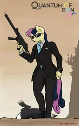 Size: 3000x4800 | Tagged: anthro, artist:orang111, bon bon, bon bond, bonpun, bugbear, canterlot, clothes, derpibooru import, edit, g-shock, gun, heckler and koch, james bond, necktie, pun, quantum of solace, safe, secret agent sweetie drops, slice of life (episode), submachinegun, suit, sweetie drops, ump, watch, weapon