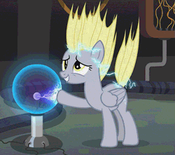 Size: 503x444 | Tagged: safe, derpibooru import, screencap, derpy hooves, pegasus, pony, slice of life (episode), alternate hairstyle, animated, cute, derpabetes, derpy doing derpy things, electricity, female, grin, loop, loose hair, mare, perfect loop, photoshop, plasma ball, raised hoof, shock, smiling, solo, squee
