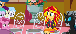 Size: 962x427 | Tagged: safe, derpibooru import, edit, edited screencap, screencap, aura (character), boysenberry, cotton cloudy, first base, kevin (changeling), ruby pinch, sunset shimmer, changeling, equestria girls, slice of life (episode), animated, bopping shimmer, chair, cute, shimmerbetes, sitting