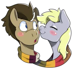 Size: 907x840 | Tagged: safe, artist:itsaaudraw, derpibooru import, derpy hooves, doctor whooves, time turner, pony, slice of life (episode), blushing, clothes, doctorderpy, female, fourth doctor's scarf, like a million bits, male, scarf, scene interpretation, shared clothing, shared scarf, shipping, simple background, stallion, straight, tom baker's scarf, transparent background