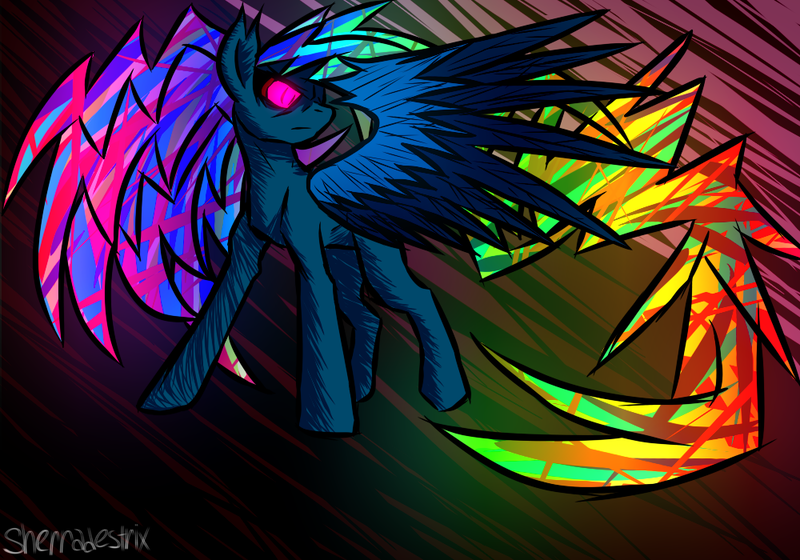 Size: 1000x700 | Tagged: 20% cooler, artist:sherradestrix, awesome, badass, derpibooru import, epic, glow, glowing eyes, glowing mane, glowing wings, rainbow dash, safe, solo, stare, this isn't even my final form, wings
