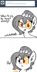 Size: 916x1749 | Tagged: safe, artist:tjpones, derpibooru import, oc, oc:brownie bun, unofficial characters only, horse wife, ask, contact lens, cute, evil grin, fail, grin, monochrome, smiling, solo, tumblr, x wasn't discord all along