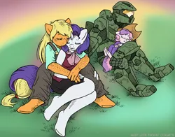Size: 1200x939 | Tagged: safe, artist:kaemantis, deleted from derpibooru, derpibooru import, applejack, rarity, sweetie belle, anthro, unguligrade anthro, chief and belle, crossover, female, halo (series), lesbian, master chief, rarijack, shipping