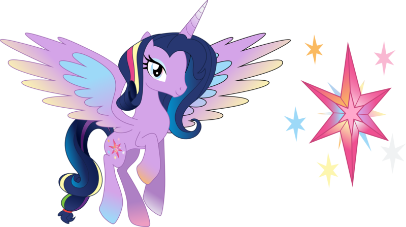 Size: 3000x1678 | Tagged: safe, artist:theshadowstone, derpibooru import, applejack, fluttershy, pinkie pie, rainbow dash, rarity, twilight sparkle, oc, oc:harmony (theshadowstone), alicorn, pony, appleflaritwidashpie, bedroom eyes, cutie mark, eyeshadow, flying, fusion, looking at you, makeup, mane six, multicolored iris, simple background, smiling, spread wings, transparent background, vector, we have become one, wings