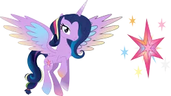 Size: 3000x1678 | Tagged: safe, artist:theshadowstone, derpibooru import, applejack, fluttershy, pinkie pie, rainbow dash, rarity, twilight sparkle, oc, oc:harmony (theshadowstone), alicorn, pony, appleflaritwidashpie, bedroom eyes, cutie mark, eyeshadow, flying, fusion, looking at you, makeup, mane six, multicolored iris, simple background, smiling, spread wings, transparent background, vector, we have become one, wings