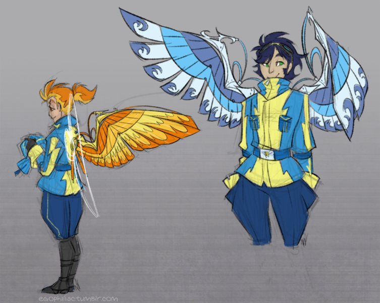Size: 900x717 | Tagged: artificial wings, artist:egophiliac, augmentation, augmented, boots, clothes, cyborg, derpibooru import, goggles, human, humanized, mechanical wing, safe, shoes, soarin', spitfire, steampunk, steamquestria, uniform, wings, wonderbolts uniform