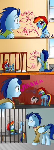 Size: 787x2177 | Tagged: artist:supermare, backwards cutie mark, comic, cyrillic, delsin rowe, derpibooru import, diaper, infamous, infamous second son, key, old cutie mark, pacifier, prison, prisoner rd, rainbow dash, reggie rowe, russian, safe, soarin'