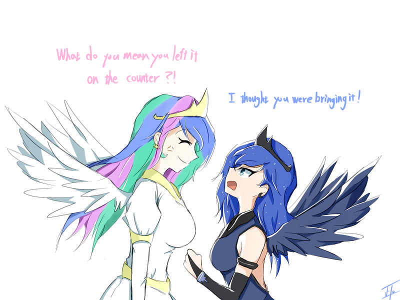 Size: 4000x3000 | Tagged: angry, argument, artist:johnyho, breasts, busty princess celestia, cross-popping veins, derpibooru import, dialogue, eyes closed, false smile, female, grin, human, humanized, princess celestia, princess luna, safe, scene interpretation, siblings, simple background, sisters, slice of life (episode), smiling, spread wings, tranquil fury, white background, winged humanization, wings