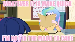 Size: 1024x576 | Tagged: safe, derpibooru import, screencap, princess celestia, twilight sparkle, equestria girls, apathy, caption, celestia's folder, celestia's office, image macro, meme, pink text, principal celestia, text