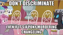 Size: 500x275 | Tagged: safe, derpibooru import, screencap, aura (character), boysenberry, cotton cloudy, first base, kevin (changeling), ruby pinch, sassaflash, twinkleshine, changeling, slice of life (episode), caption, image macro, meme, text