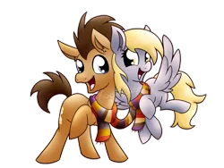 Size: 1024x768 | Tagged: safe, artist:amberlea-draws, derpibooru import, derpy hooves, doctor whooves, time turner, pony, slice of life (episode), clothes, cute, doctorderpy, female, fourth doctor, happy, like a million bits, male, scarf, shared clothing, shared scarf, shipping, simple background, smiling, stallion, straight, transparent background