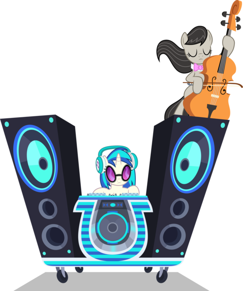 Size: 5000x5992 | Tagged: safe, artist:starlessnight22, derpibooru import, octavia melody, vinyl scratch, earth pony, pony, unicorn, slice of life (episode), absurd resolution, bipedal, bowtie, cello, eyes closed, female, headphones, hooves, horn, mare, musical instrument, simple background, sunglasses, transparent background, vector, wubcart