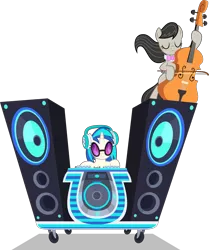 Size: 5000x5992 | Tagged: safe, artist:starlessnight22, derpibooru import, octavia melody, vinyl scratch, earth pony, pony, unicorn, slice of life (episode), absurd resolution, bipedal, bowtie, cello, eyes closed, female, headphones, hooves, horn, mare, musical instrument, simple background, sunglasses, transparent background, vector, wubcart