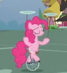 Size: 224x242 | Tagged: animated, bon bon, bon bond, bugbear, derpibooru import, fluttershy, pinkie being pinkie, pinkie pie, plate spinning, safe, screencap, secret agent sweetie drops, slice of life (episode), sweetie drops, unicycle