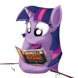 Size: 800x800 | Tagged: artist:cheshiresdesires, book, derpibooru import, don't panic, hitchhiker's guide to the galaxy, reading, safe, solo, twilight sparkle