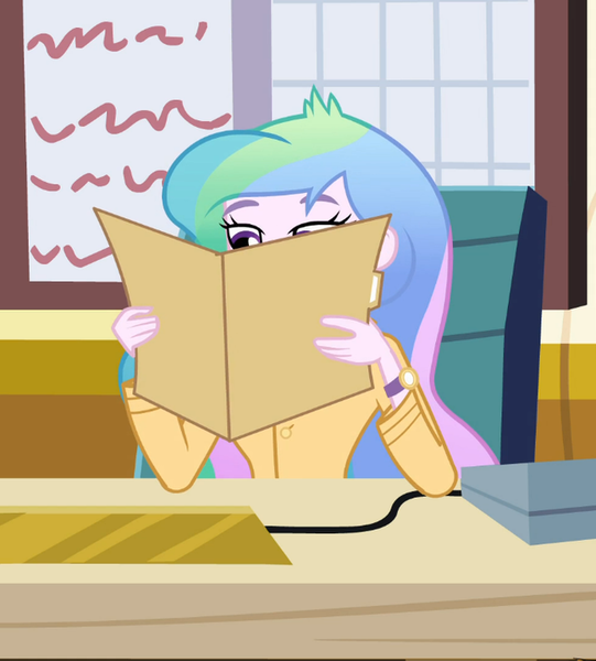 Size: 649x720 | Tagged: safe, derpibooru import, edit, screencap, princess celestia, equestria girls, caption, celestia's folder, celestia's office, image macro, meme, principal celestia, solo, template, text