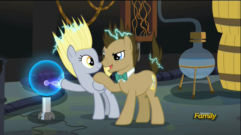 Size: 1920x1080 | Tagged: safe, derpibooru import, screencap, derpy hooves, doctor whooves, time turner, earth pony, pegasus, pony, slice of life (episode), boop, doctor whooves' lab, duo, electricity, female, male, mane, mare, nose wrinkle, noseboop, stallion