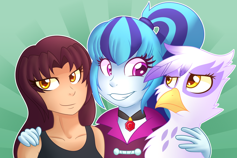 Size: 3600x2400 | Tagged: safe, artist:wildberry-poptart, derpibooru import, gilda, sonata dusk, gryphon, human, equestria girls, black lagoon, grin, marÿke hendrikse, revy, smiling, voice actor, voice actor joke