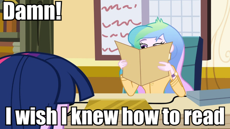 Size: 960x540 | Tagged: safe, derpibooru import, screencap, princess celestia, twilight sparkle, equestria girls, caption, celestia's folder, celestia's office, illiteracy, image macro, meme, principal celestia, text