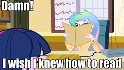 Size: 960x540 | Tagged: safe, derpibooru import, screencap, princess celestia, twilight sparkle, equestria girls, caption, celestia's folder, celestia's office, illiteracy, image macro, meme, principal celestia, text