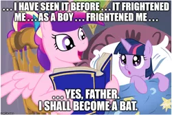 Size: 749x500 | Tagged: safe, deleted from derpibooru, derpibooru import, princess cadance, twilight sparkle, alicorn, pony, unicorn, batman, batman: year one, bed, bedtime story, book, cadance's bedtime stories, caption, dc comics, duo, exploitable meme, female, filly, frank miller, horn, image macro, looking up, meme, open mouth, pillow, reading, storybook, text, wings, younger
