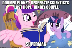 Size: 749x500 | Tagged: safe, deleted from derpibooru, derpibooru import, princess cadance, twilight sparkle, alicorn, pony, unicorn, all-star superman, bed, bedtime story, book, cadance's bedtime stories, caption, dc comics, duo, exploitable meme, female, filly, grant morrison, horn, image macro, looking up, meme, open mouth, pillow, reading, storybook, superman, text, untranslatable scottish accent man, younger