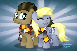 Size: 1280x853 | Tagged: safe, artist:aleximusprime, derpibooru import, derpy hooves, doctor whooves, time turner, pony, slice of life (episode), doctorderpy, female, fourth doctor's scarf, male, shipping, stallion, straight, tom baker's scarf