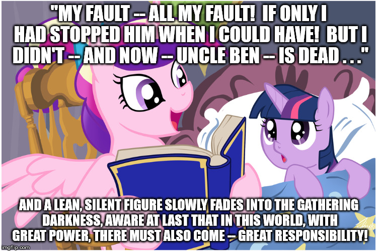 Size: 749x500 | Tagged: safe, deleted from derpibooru, derpibooru import, princess cadance, twilight sparkle, alicorn, pony, unicorn, amazing fantasy #15, bed, bedtime story, book, cadance's bedtime stories, caption, duo, exploitable meme, female, filly, horn, image macro, looking up, meme, open mouth, pillow, spider-man, spiderman thread, stan lee, steve ditko, storybook, text, younger