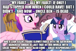 Size: 749x500 | Tagged: safe, deleted from derpibooru, derpibooru import, princess cadance, twilight sparkle, alicorn, pony, unicorn, amazing fantasy #15, bed, bedtime story, book, cadance's bedtime stories, caption, duo, exploitable meme, female, filly, horn, image macro, looking up, meme, open mouth, pillow, spider-man, spiderman thread, stan lee, steve ditko, storybook, text, younger