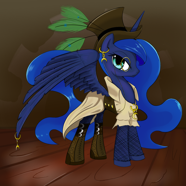 Size: 800x800 | Tagged: artist:[redacted], clothes, derpibooru import, ear piercing, earring, hat, jewelry, monocle, monocle and top hat, piercing, princess luna, safe, solo, steampunk, stockings, thigh highs, top hat