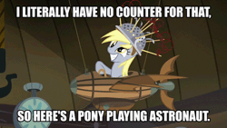 Size: 640x360 | Tagged: safe, derpibooru import, screencap, derpy hooves, pegasus, pony, slice of life (episode), animated, caption, derpy doing derpy things, female, flying machine, image macro, mare, meme, muffin 1, reaction image, text